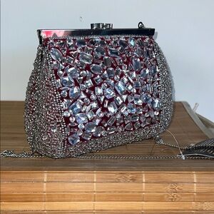 Elegant Silver and Red Beaded Clutch